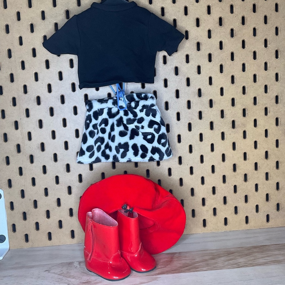 18 inch doll outfit - black t shirt and leopard print skirt, red beret & boots